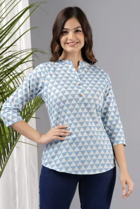 Women Blue Cotton Printed Tunic