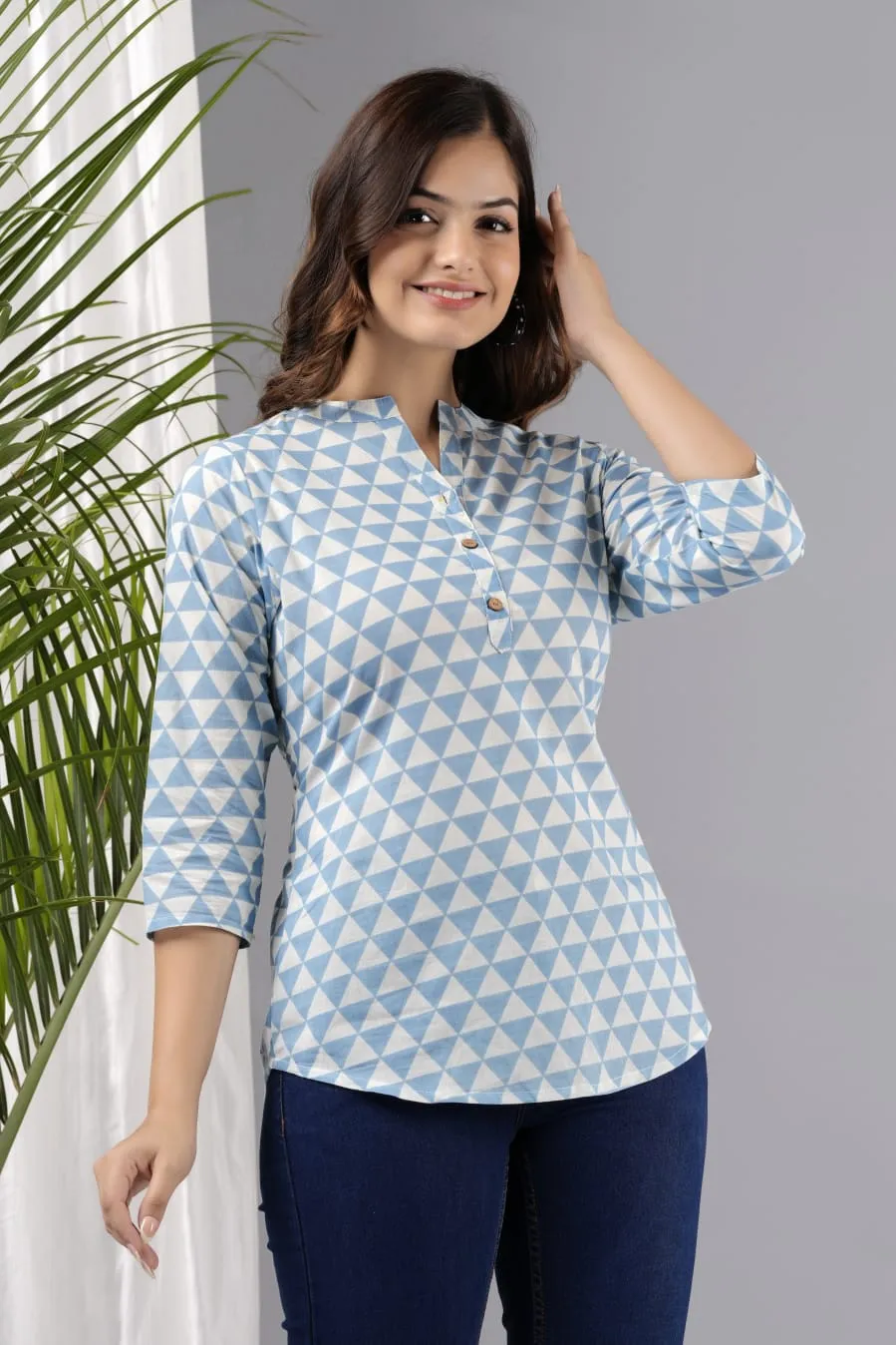 Women Blue Cotton Printed Tunic