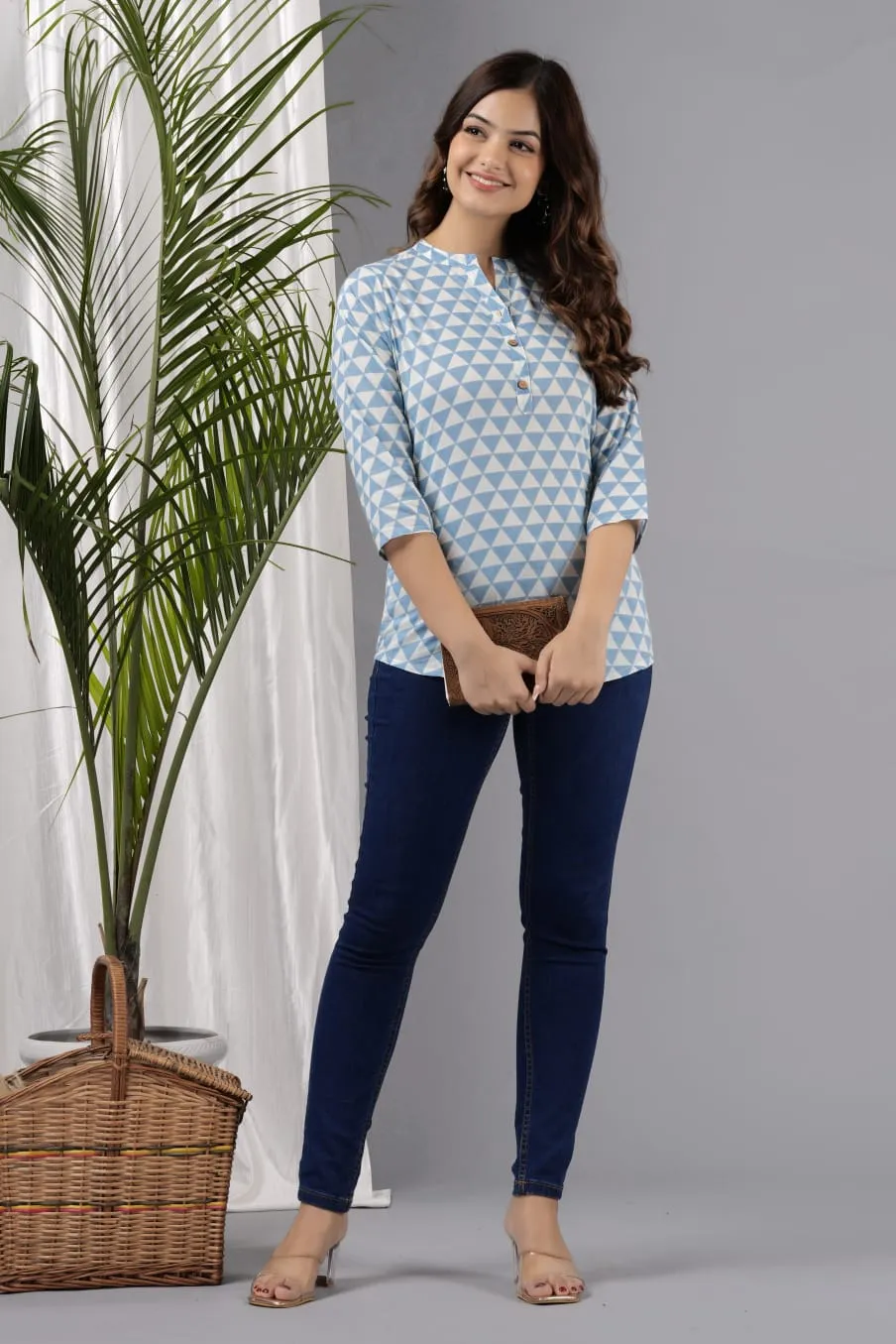 Women Blue Cotton Printed Tunic