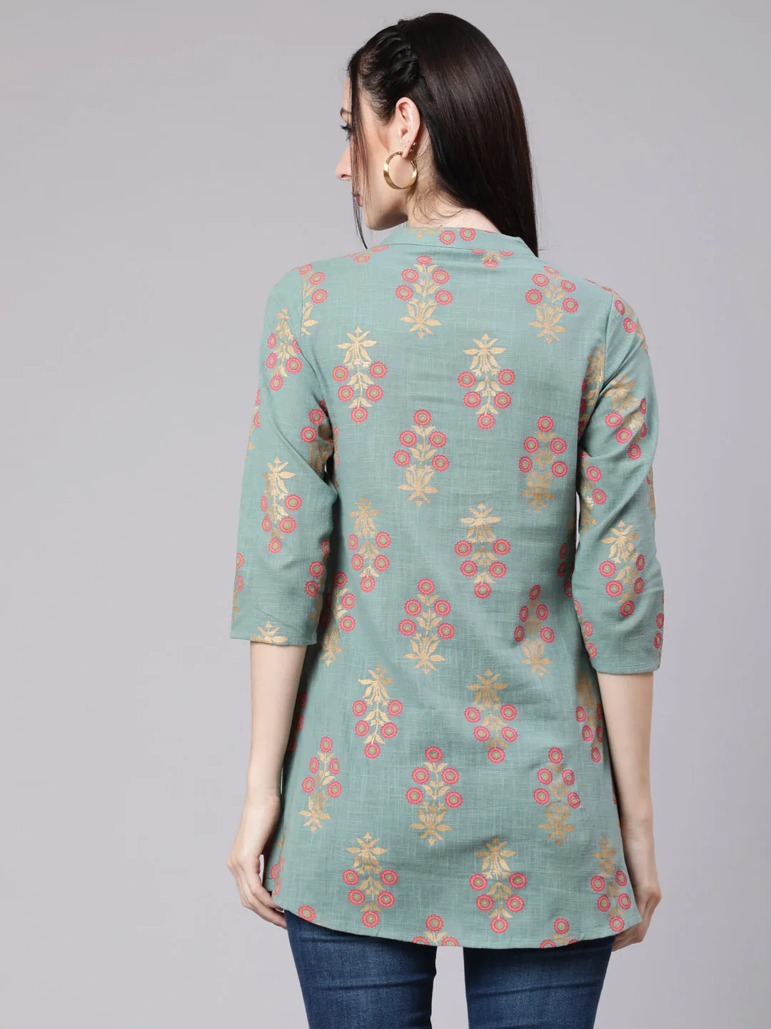 Women Green Ethnic Printed Straight Tunic With Three Quarter Sleeves