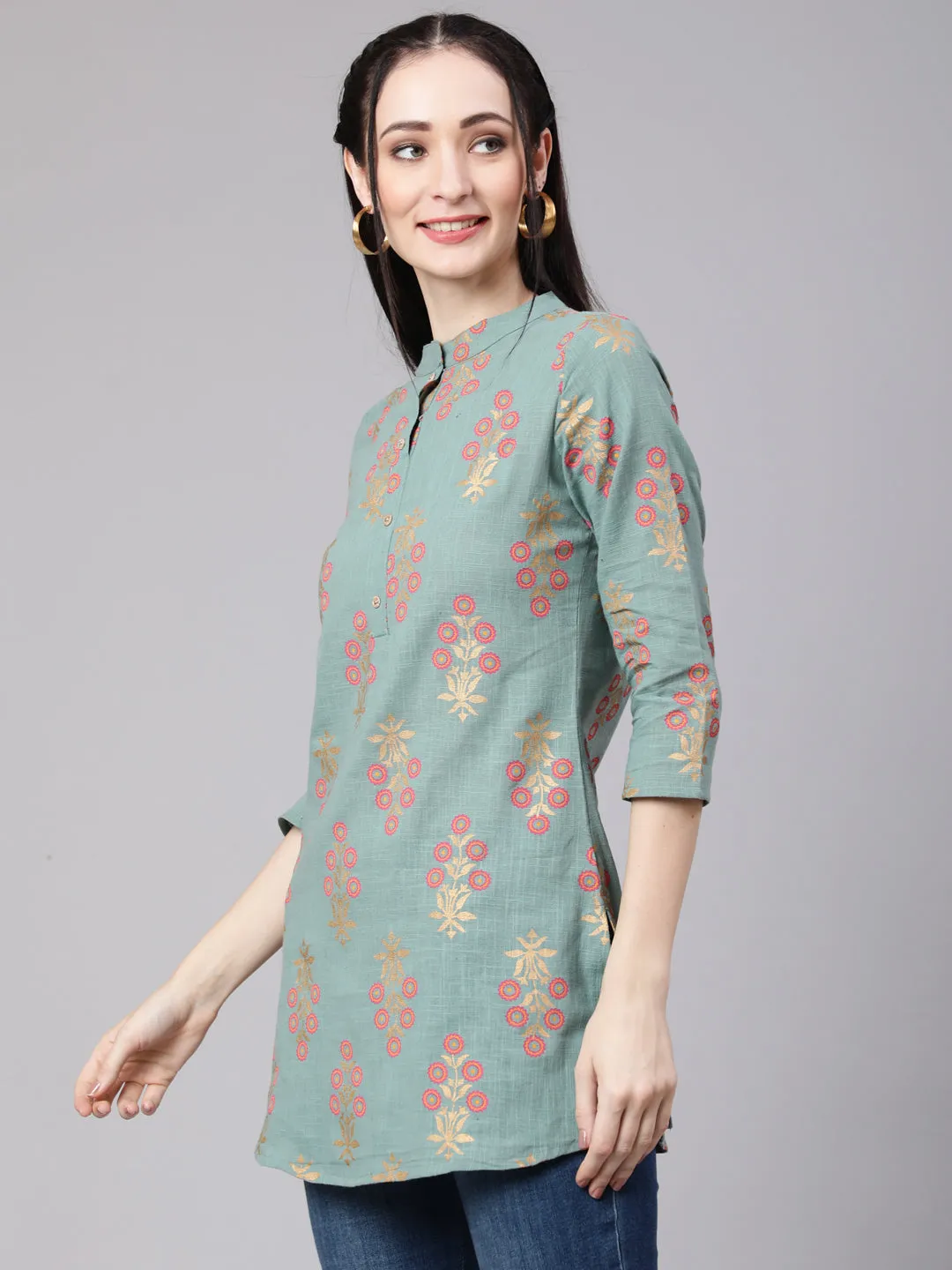 Women Green Ethnic Printed Straight Tunic With Three Quarter Sleeves