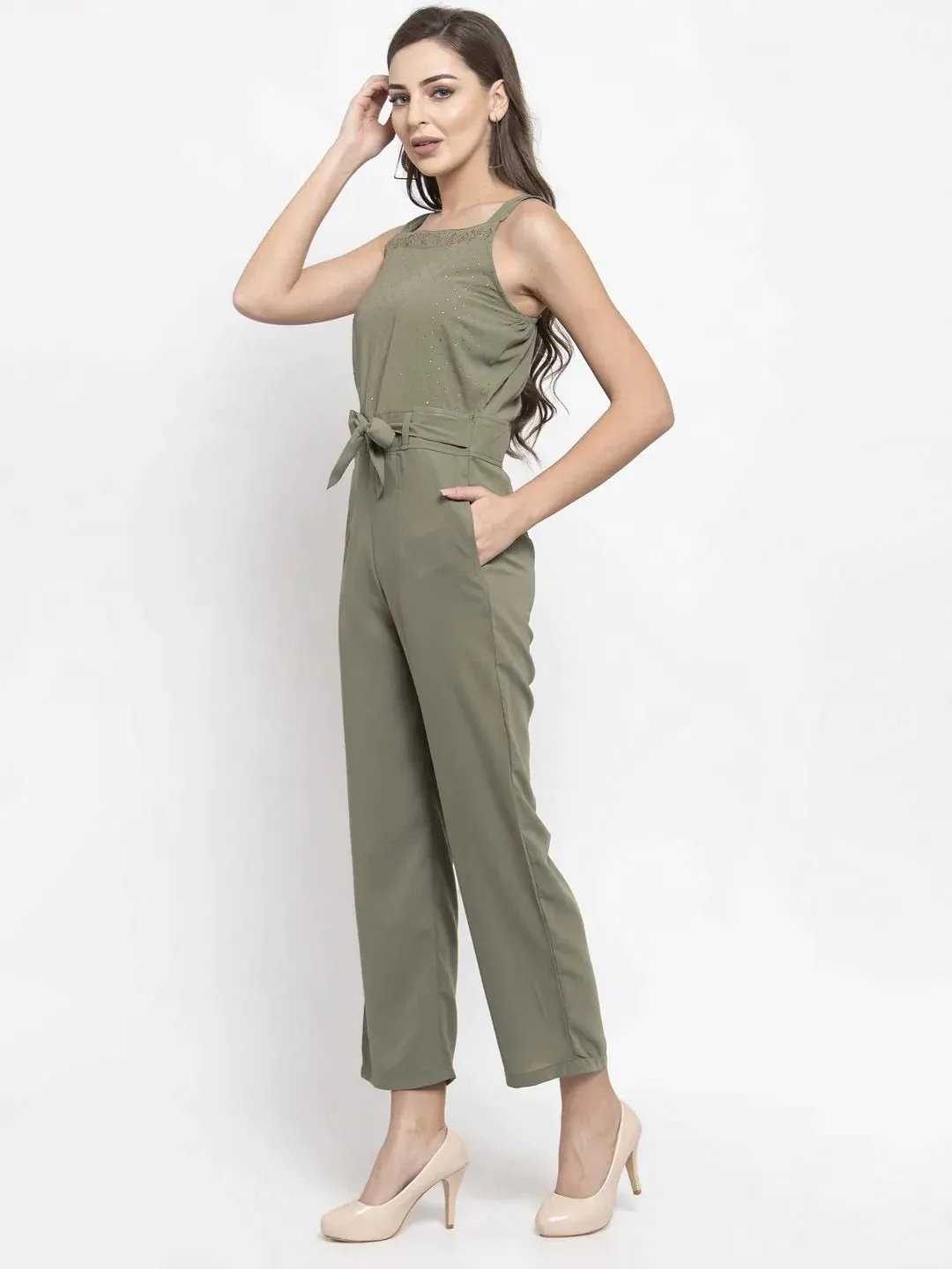 Women Green Solid Embellished Jumpsuit