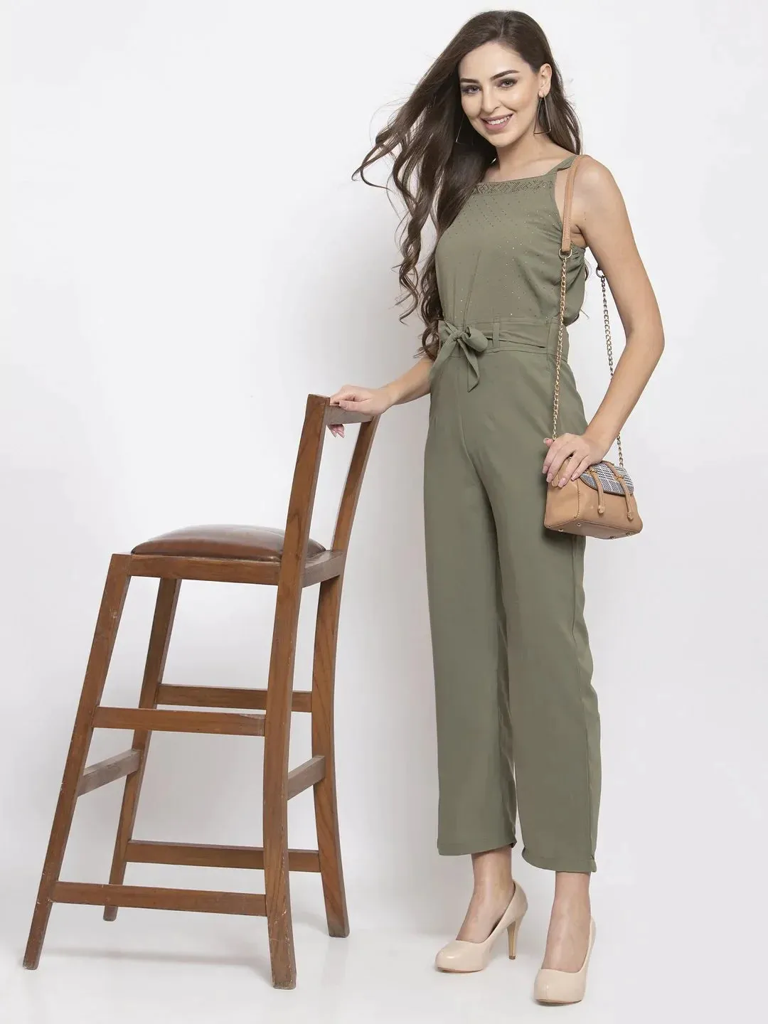 Women Green Solid Embellished Jumpsuit