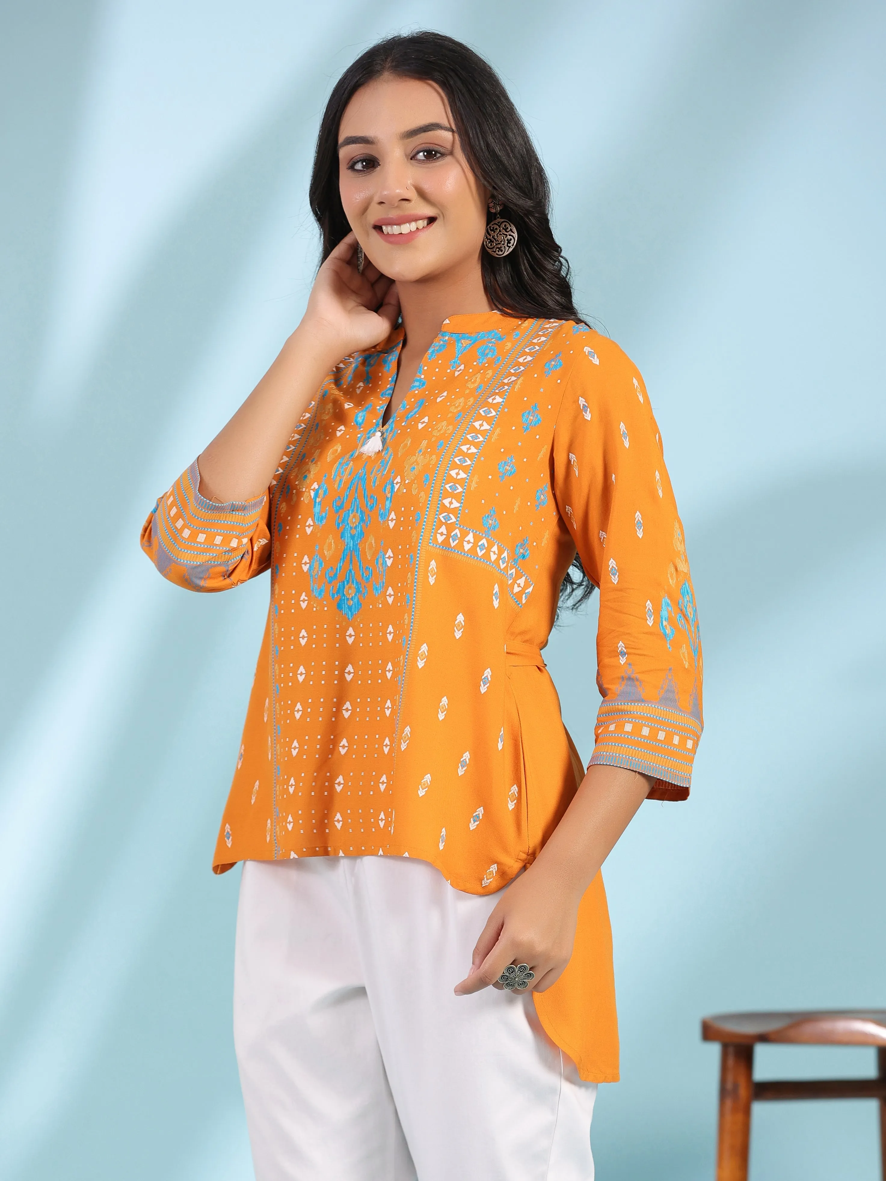 Women Mustard Rayon Staple Ikat Tunic