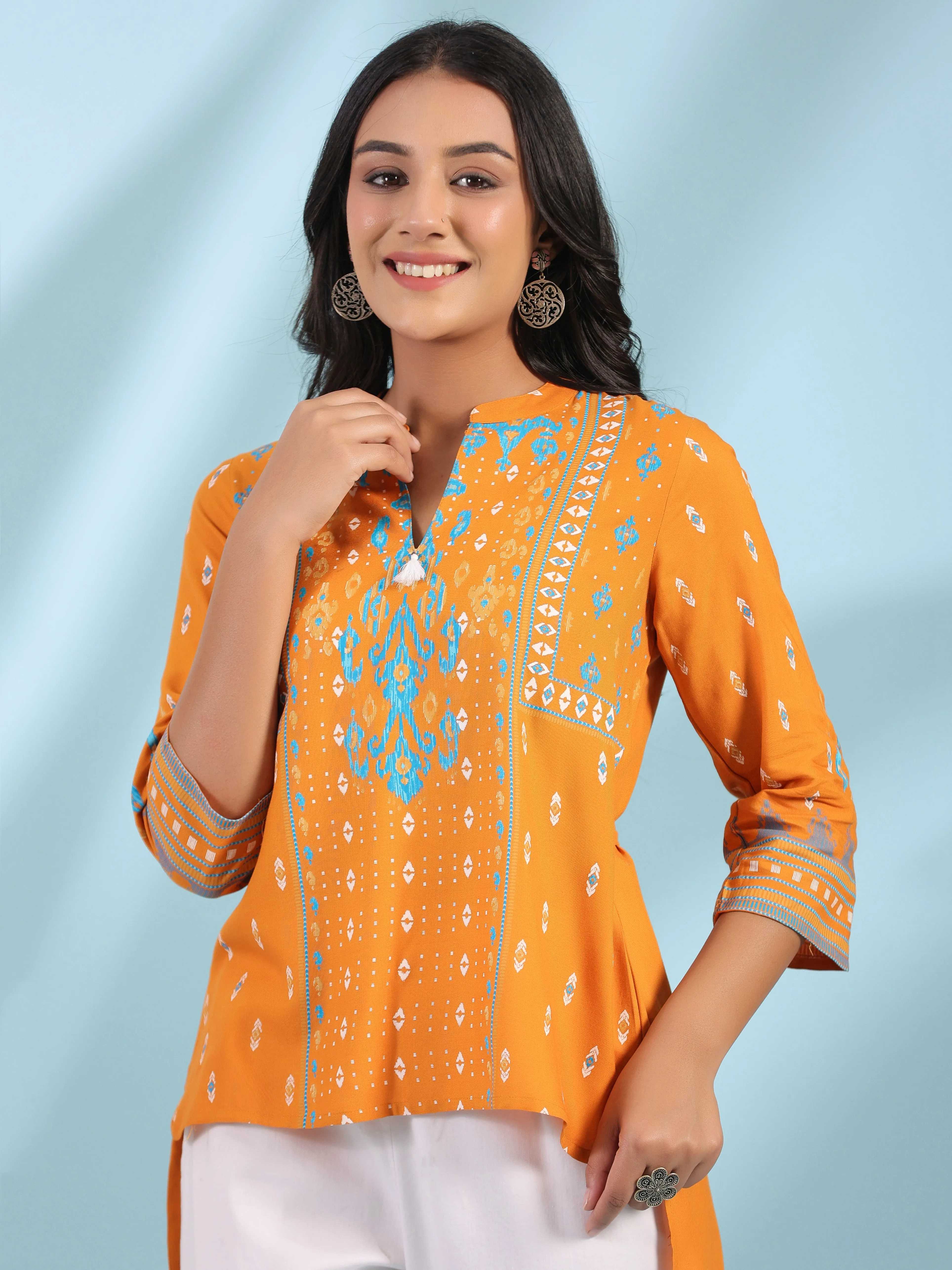 Women Mustard Rayon Staple Ikat Tunic