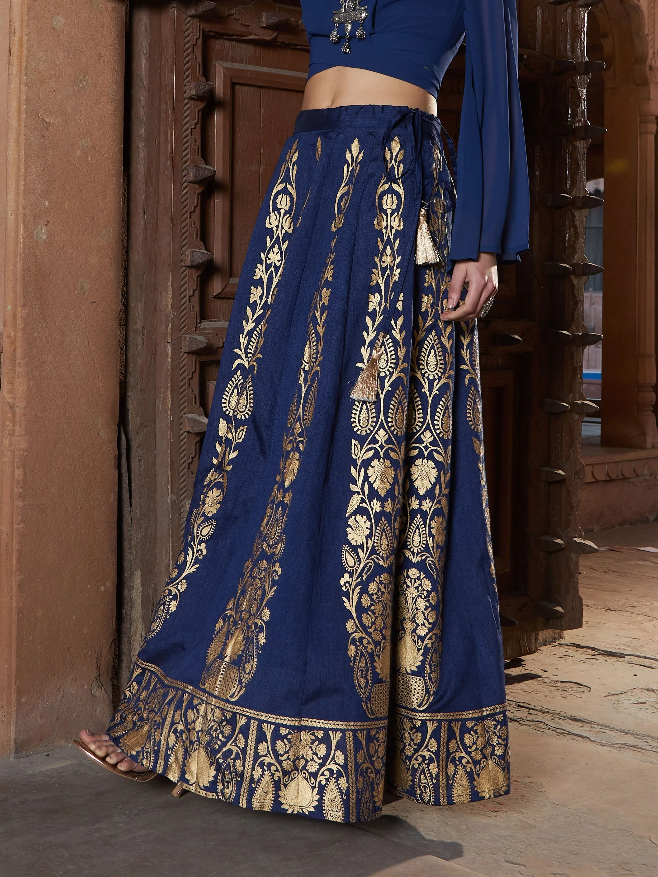 Women Navy Floral Foil Print Anarkali Skirt