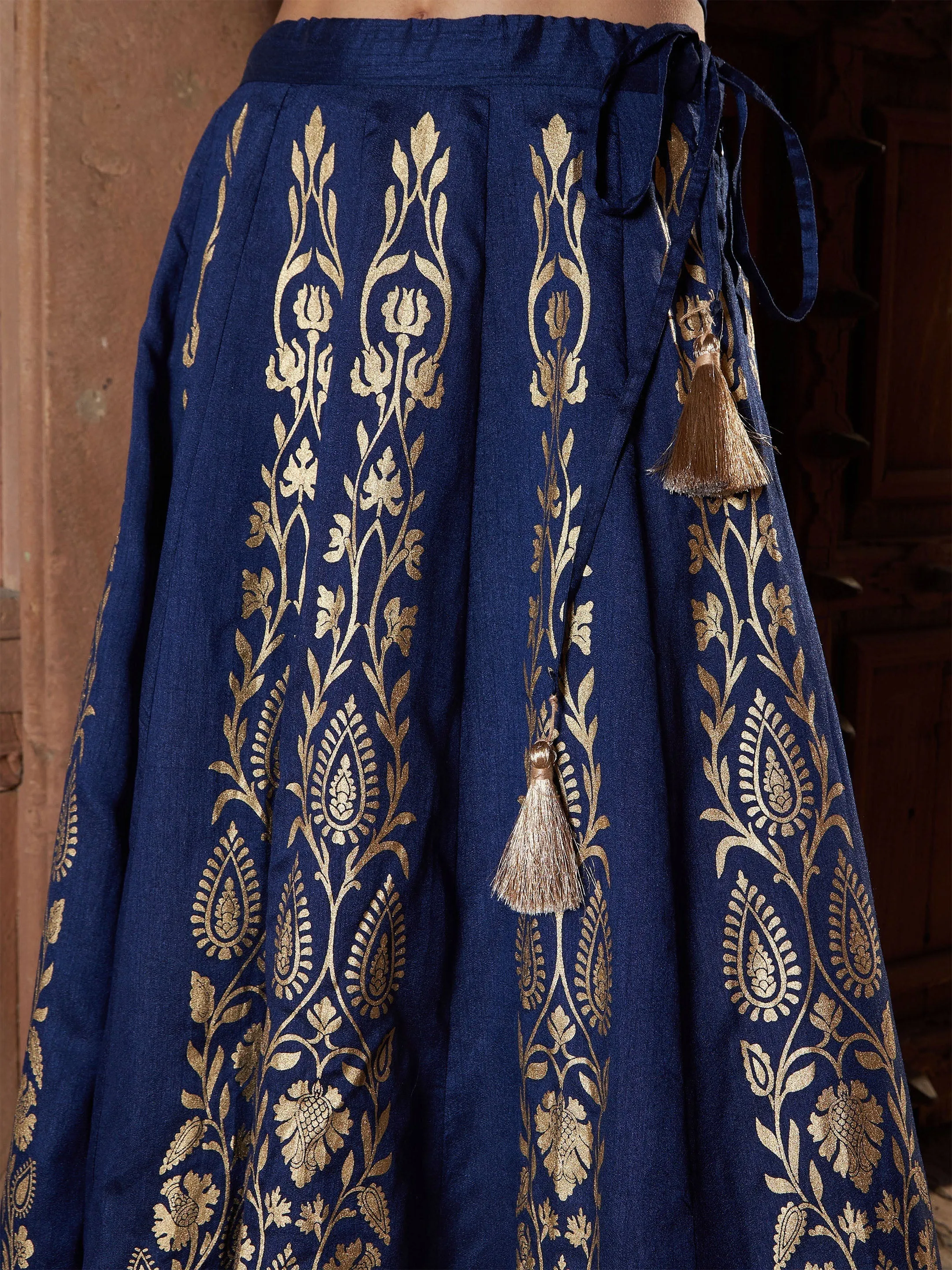 Women Navy Floral Foil Print Anarkali Skirt