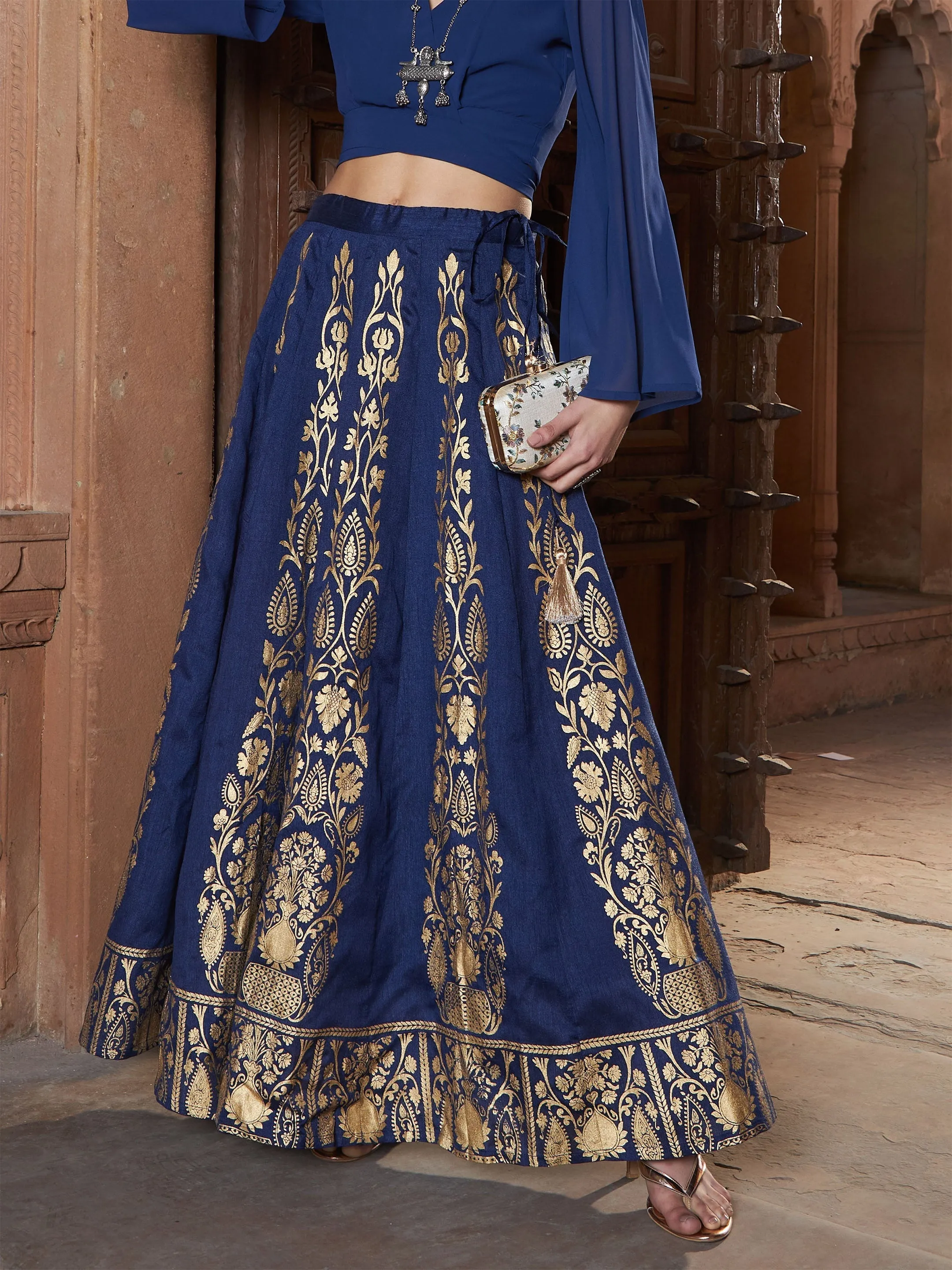 Women Navy Floral Foil Print Anarkali Skirt