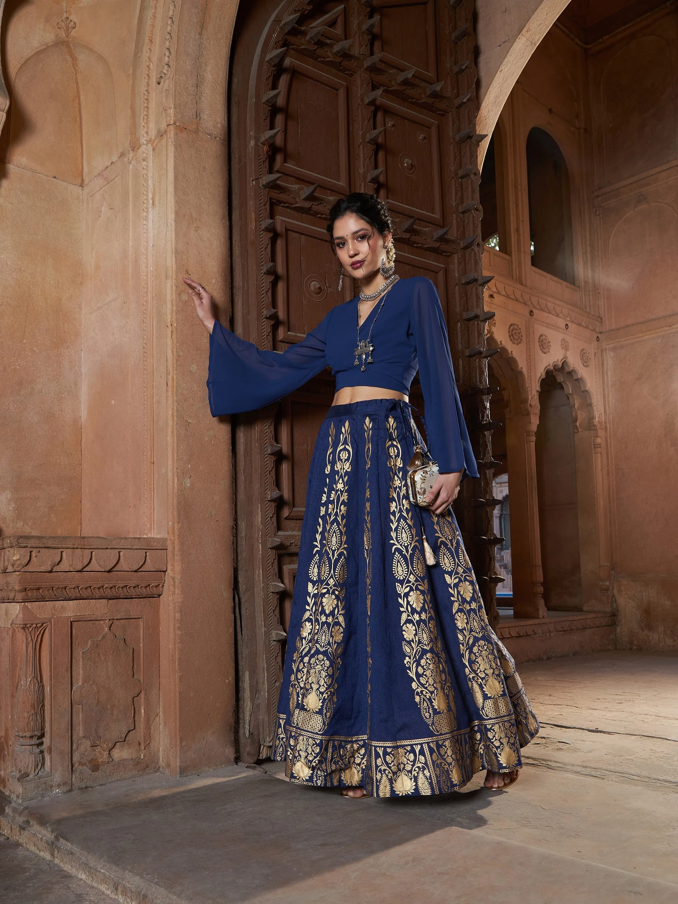 Women Navy Floral Foil Print Anarkali Skirt