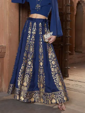 Women Navy Floral Foil Print Anarkali Skirt