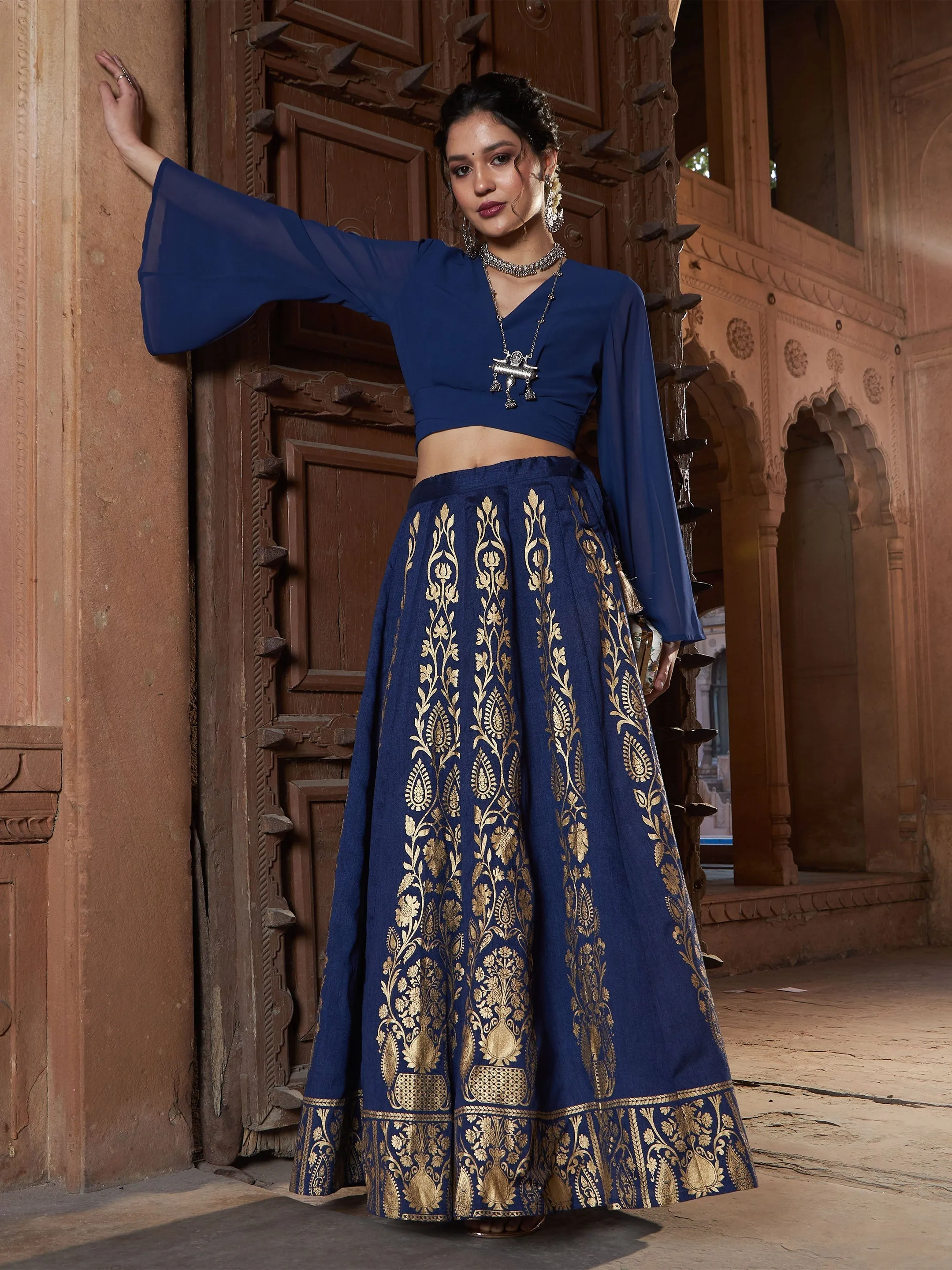 Women Navy Floral Foil Print Anarkali Skirt