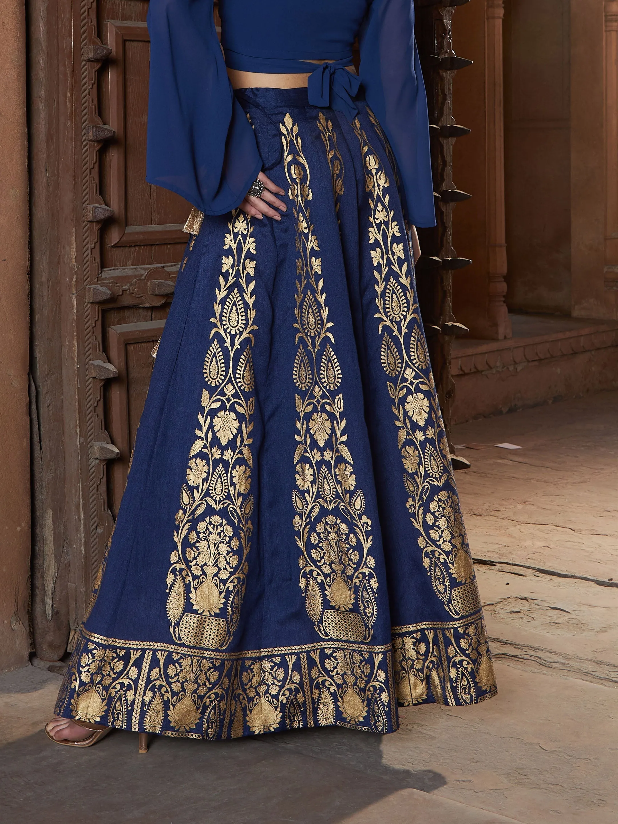 Women Navy Floral Foil Print Anarkali Skirt