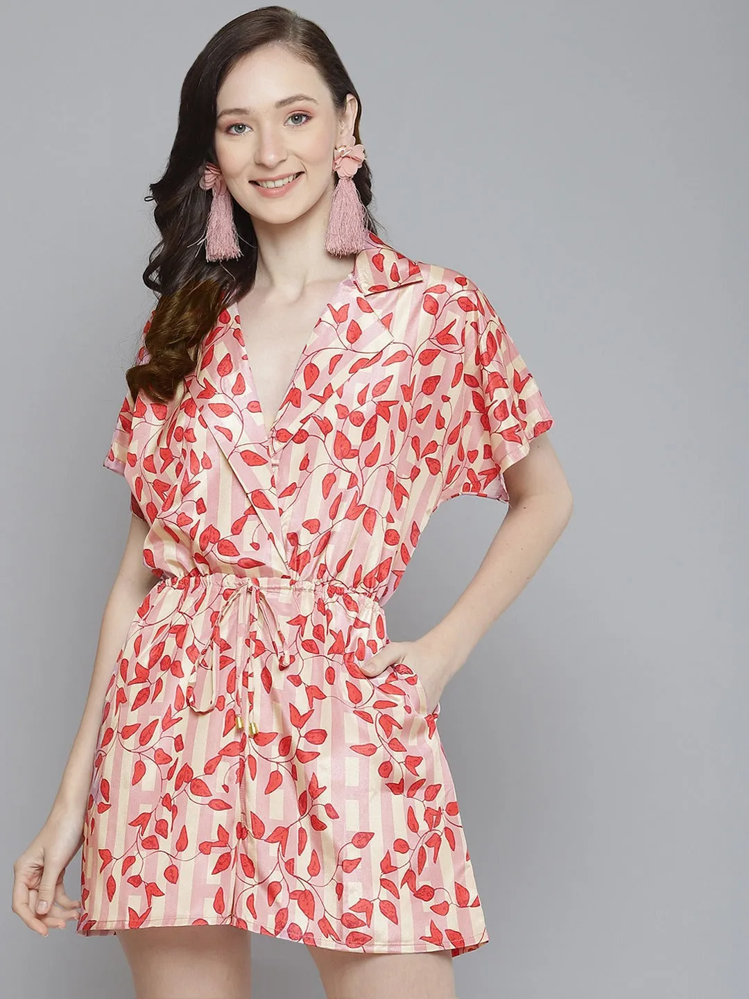 Women Pink & Red Leaf Print Notched Collar Romper