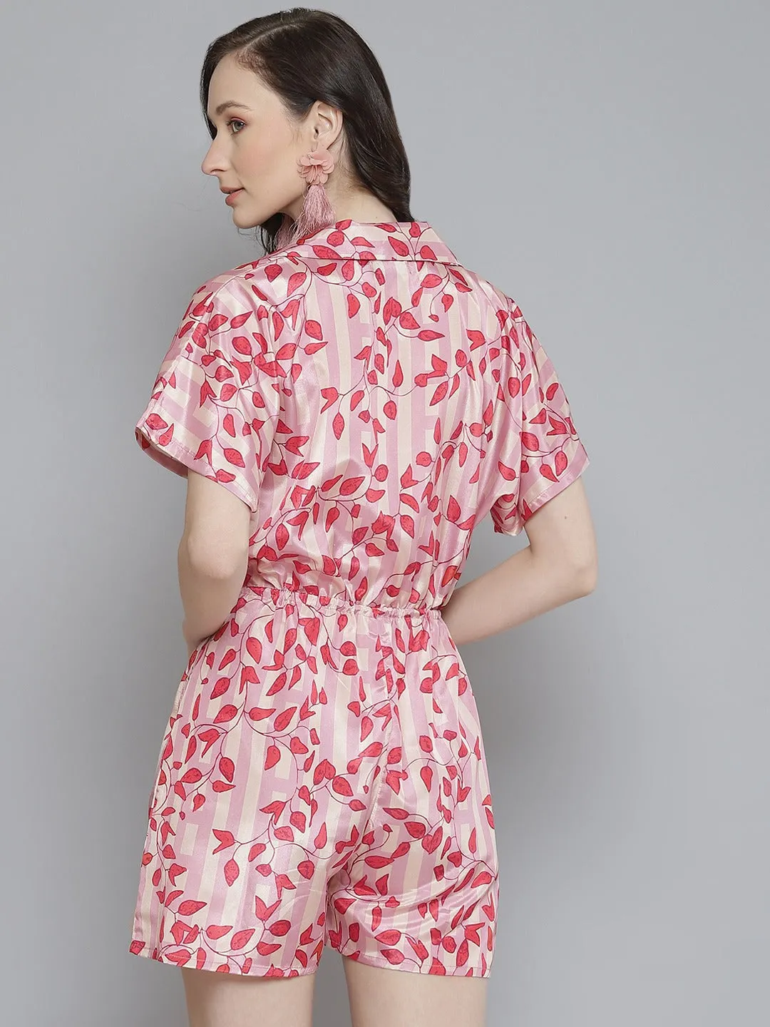 Women Pink & Red Leaf Print Notched Collar Romper