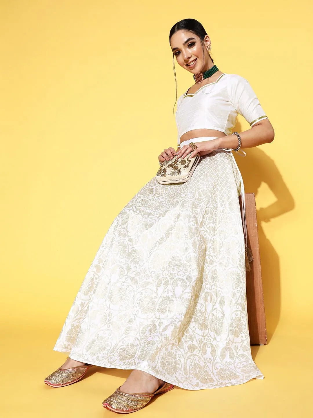 Women White Crop Top With Foil Anarkali Skirt