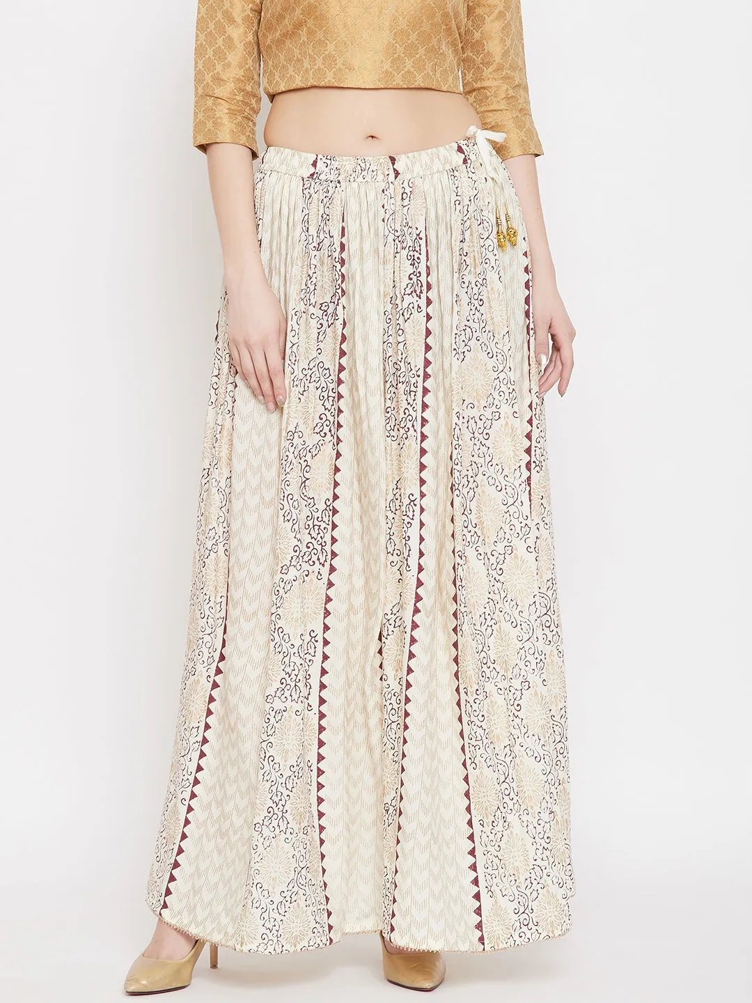 Women'S Cream Printed Rayon Maxi Skirt