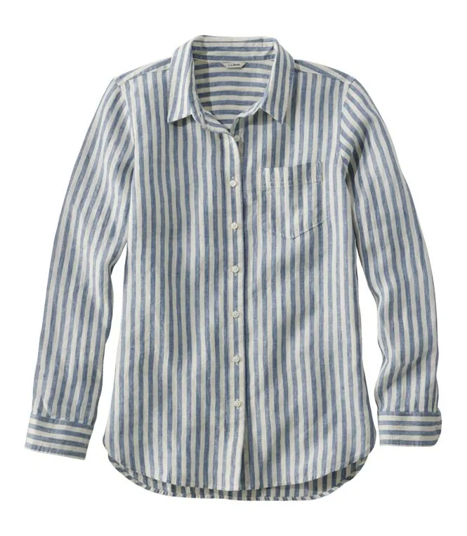 Women's Premium Washable Linen Shirt Tunic Long Sleeve Micro Stripe