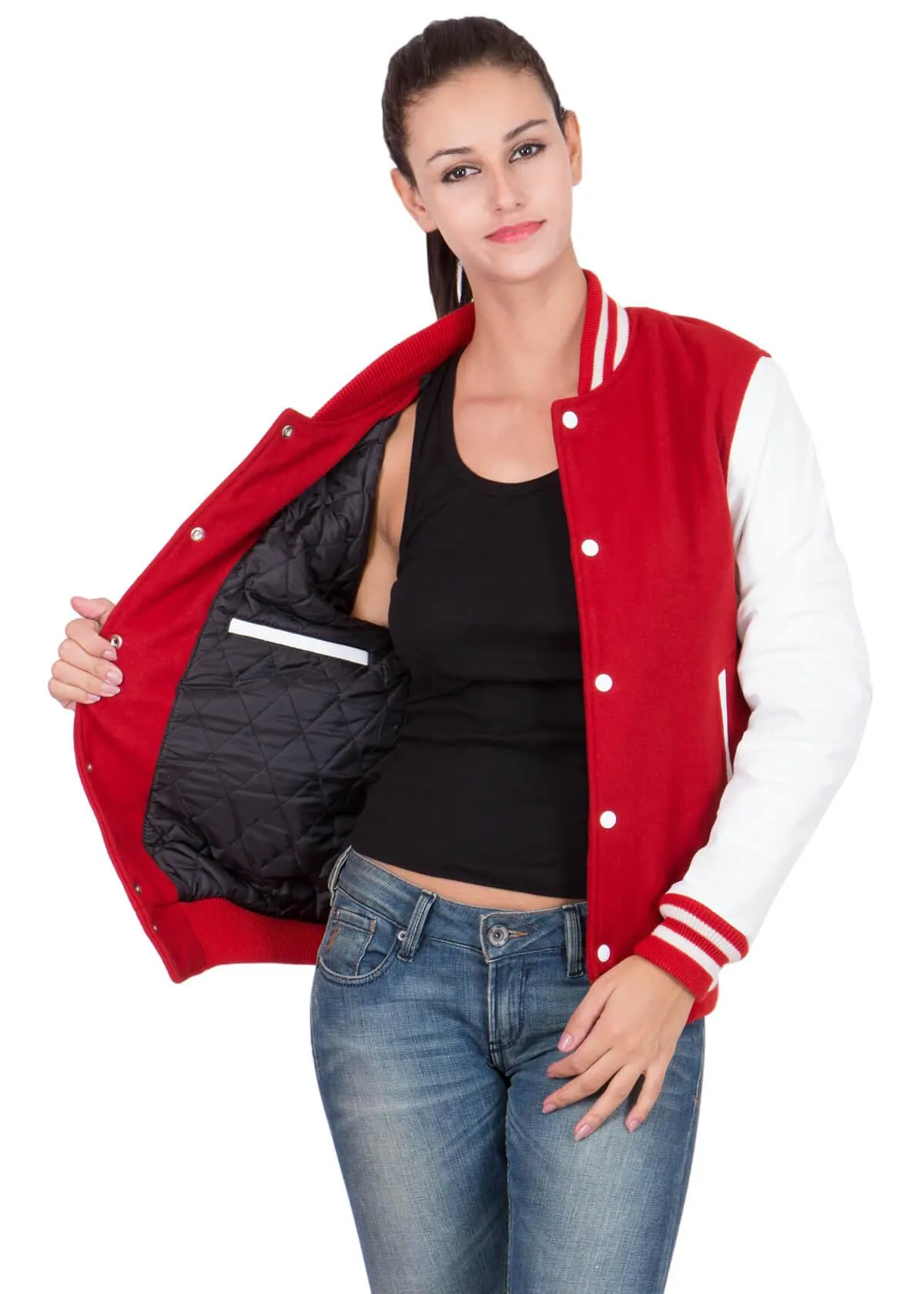 Womens Scarlet Red Varsity Jacket with White Leather Sleeves