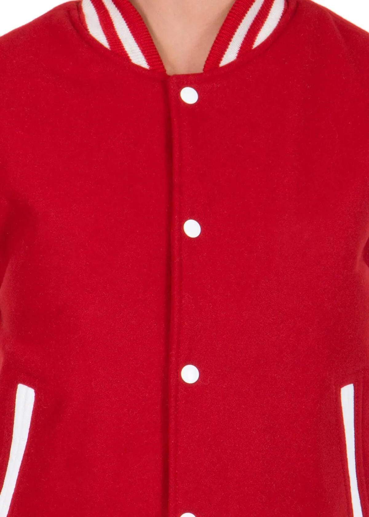 Womens Scarlet Red Varsity Jacket with White Leather Sleeves