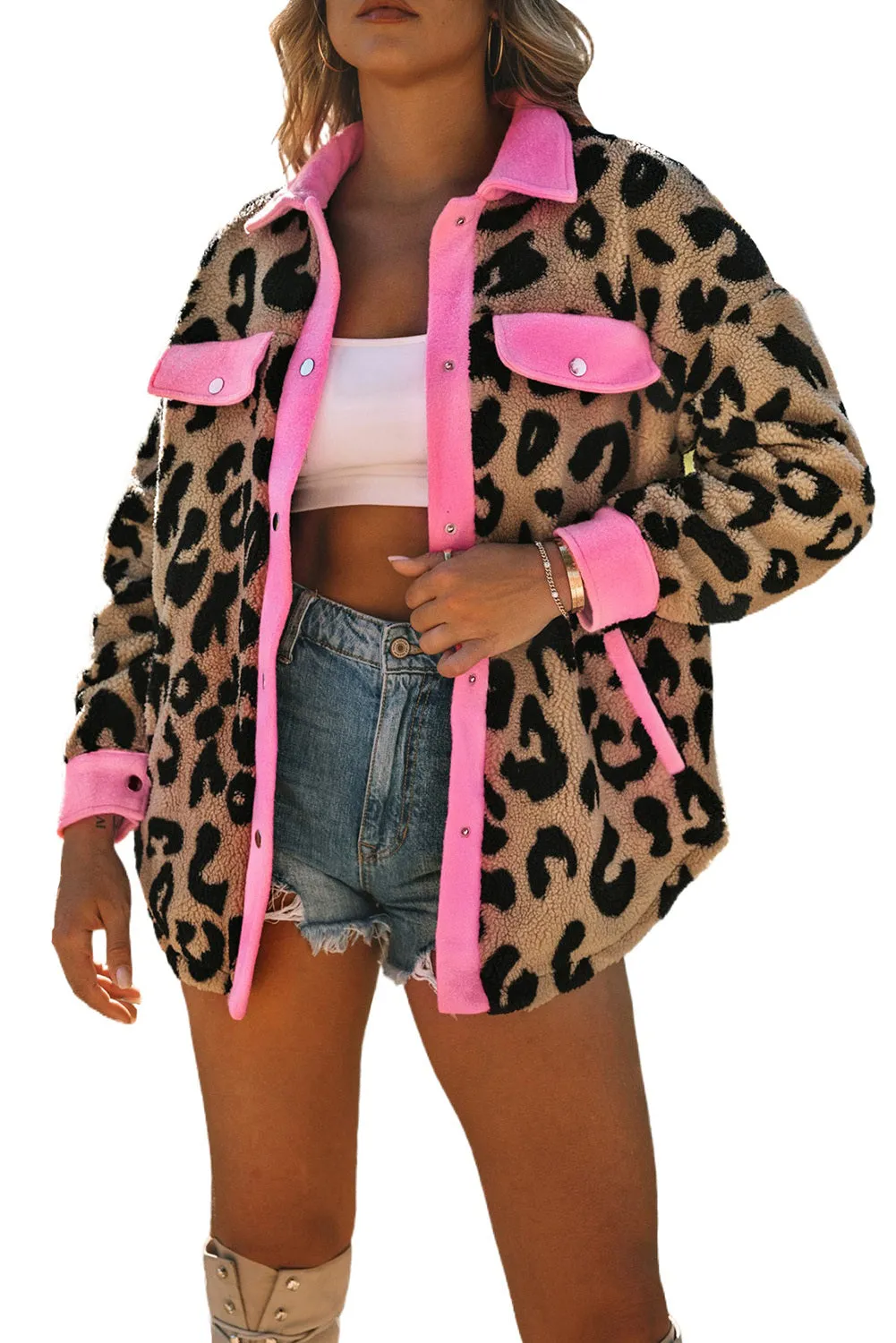 Women's Winter Coat Leopard Contrast Oversized Teddy Shacket